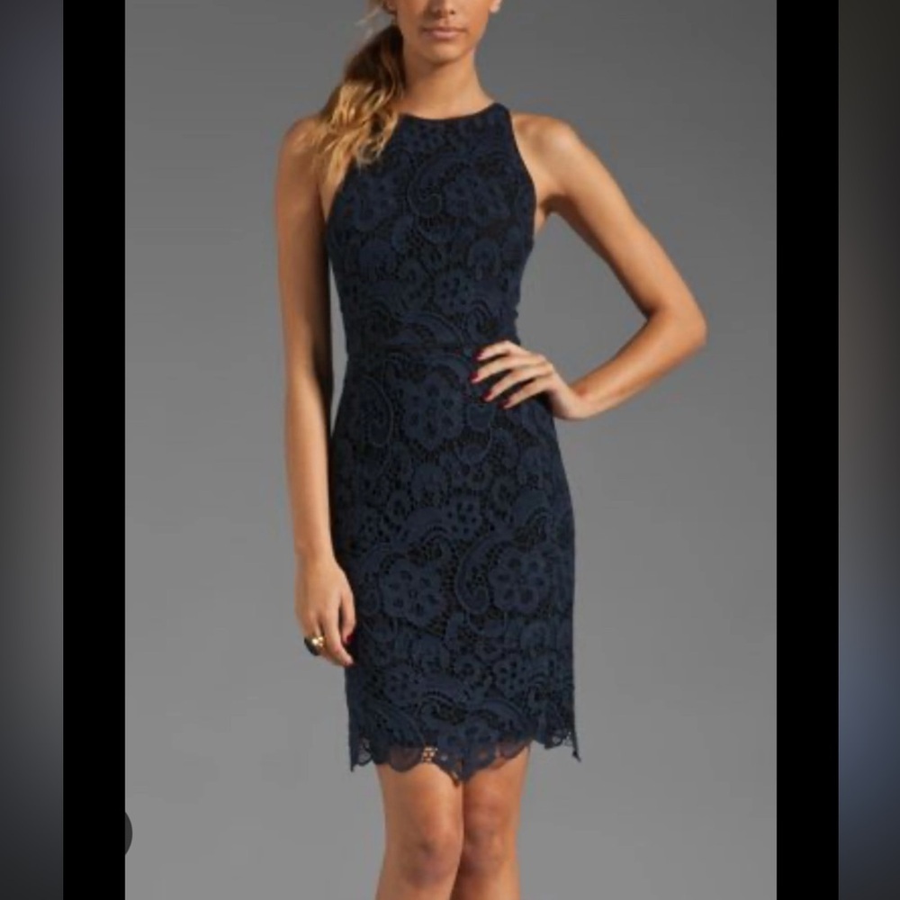 Rebecca Taylor Navy Blue and Black Crochet Lace High Neck Mini Dress Size 2